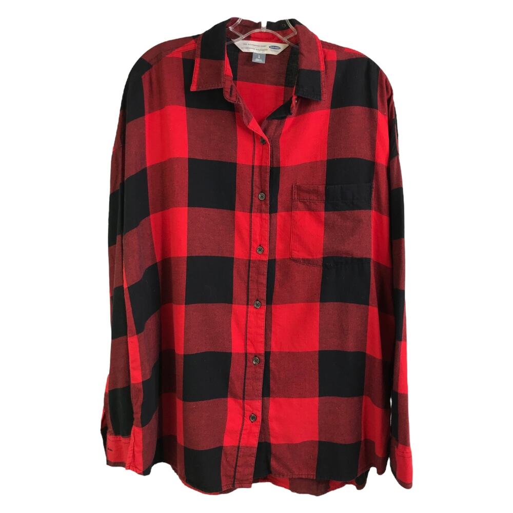 Old Navy The Boyfriend‎ Shirt Womens L Red Black Buffalo Plaid Flannel Button